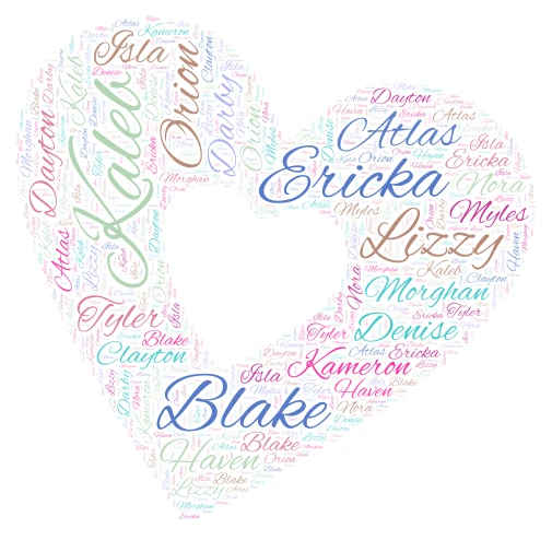 Heart Shape Names word cloud art