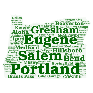 100 Biggest Cities in Oregon by Population word cloud art