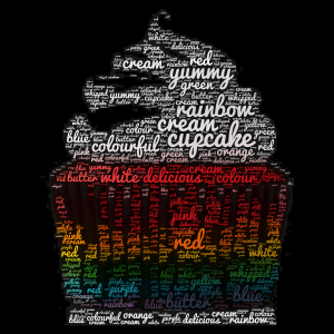 Rainbow cupcake word cloud art