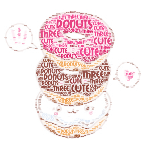 Three little donuts, stacking one by one. word cloud art